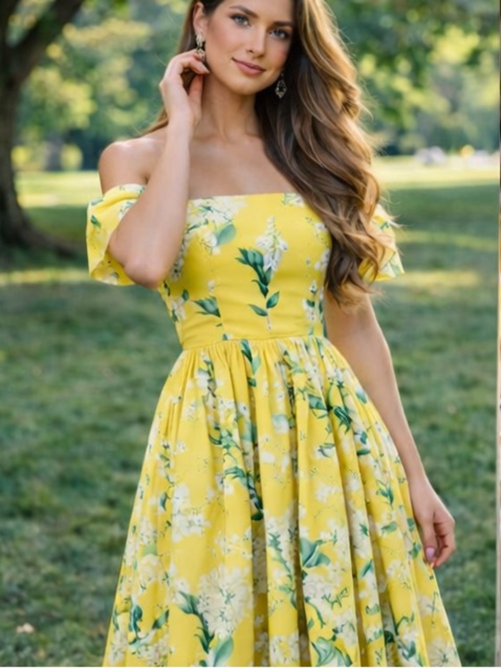 Sunny Yellow Off-Shoulder Floral Midi Dress، rare to find it - Picture 3 of 16